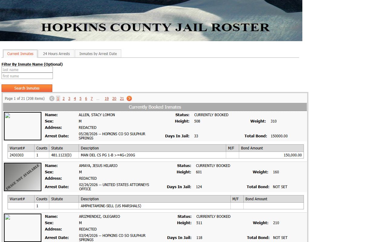 Hopkins County Jail roster search for Delta County inmate lookup