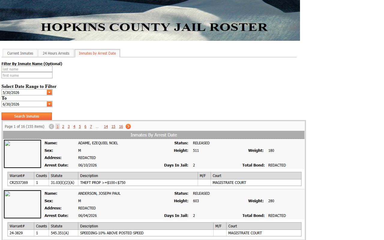 InterOp inmates by arrest date search page with date range controls